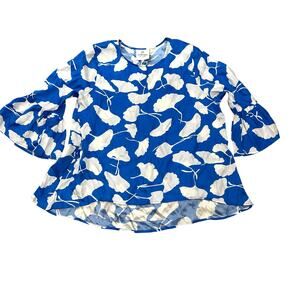 LaRoque 100% Silk Blue Floral Whimsical Blouse OS Ruffle Sleeves Shirt Tropical